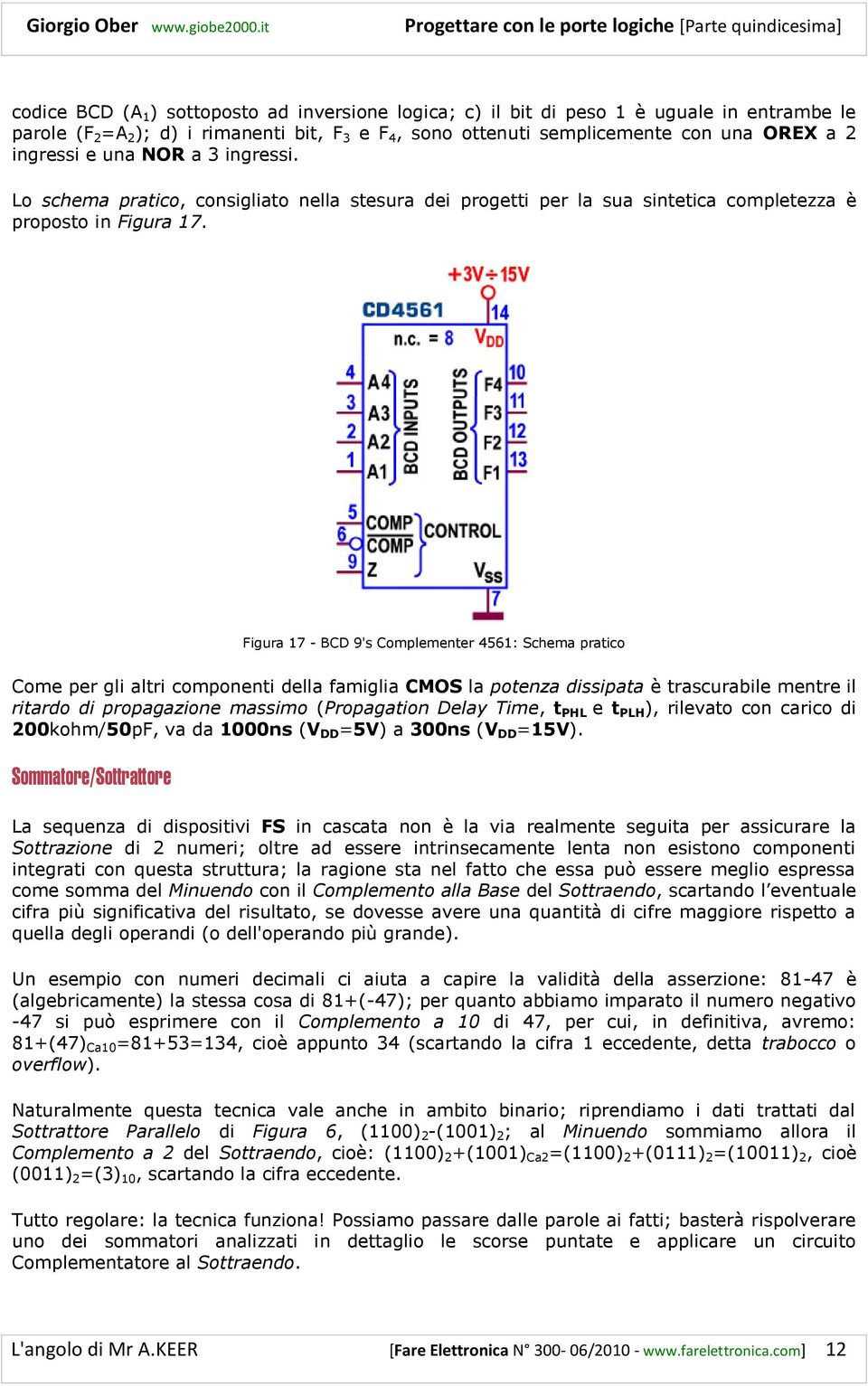 Figura 17 - BCD 9's Complementer 4561: Schema pratico Come per gli altri componenti della famiglia CMOS la potenza dissipata è trascurabile mentre il ritardo di propagazione massimo (Propagation