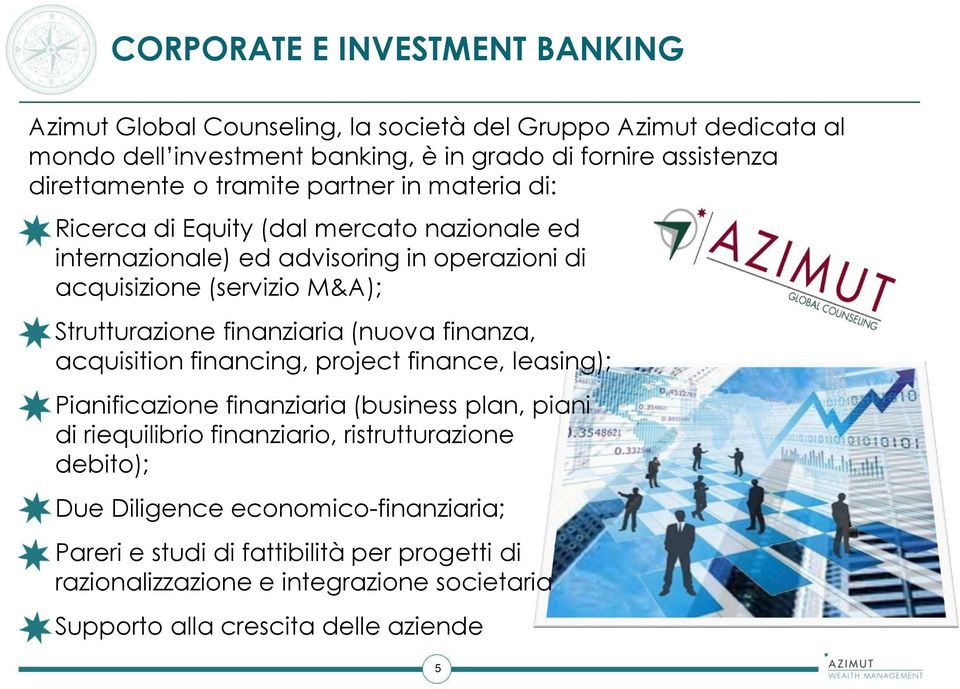 Strutturazione finanziaria (nuova finanza, acquisition financing, project finance, leasing); Pianificazione finanziaria (business plan, piani di riequilibrio finanziario,