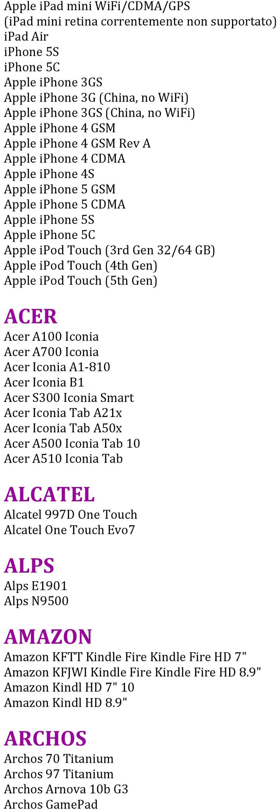 (4th Gen) Apple ipod Touch (5th Gen) ACER Acer A100 Iconia Acer A700 Iconia Acer Iconia A1-810 Acer Iconia B1 Acer S300 Iconia Smart Acer Iconia Tab A21x Acer Iconia Tab A50x Acer A500 Iconia Tab 10