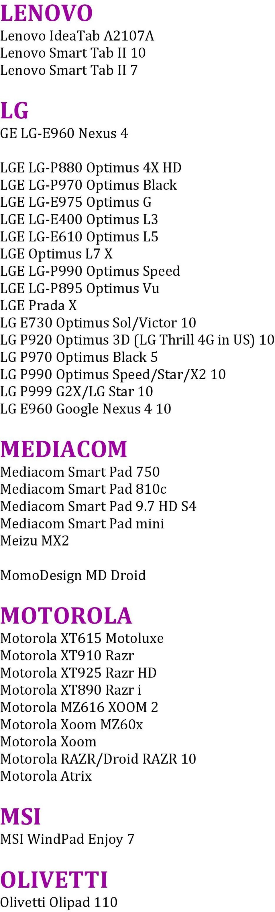 5 LG P990 Optimus Speed/Star/X2 10 LG P999 G2X/LG Star 10 LG E960 Google Nexus 4 10 MEDIACOM Mediacom Smart Pad 750 Mediacom Smart Pad 810c Mediacom Smart Pad 9.
