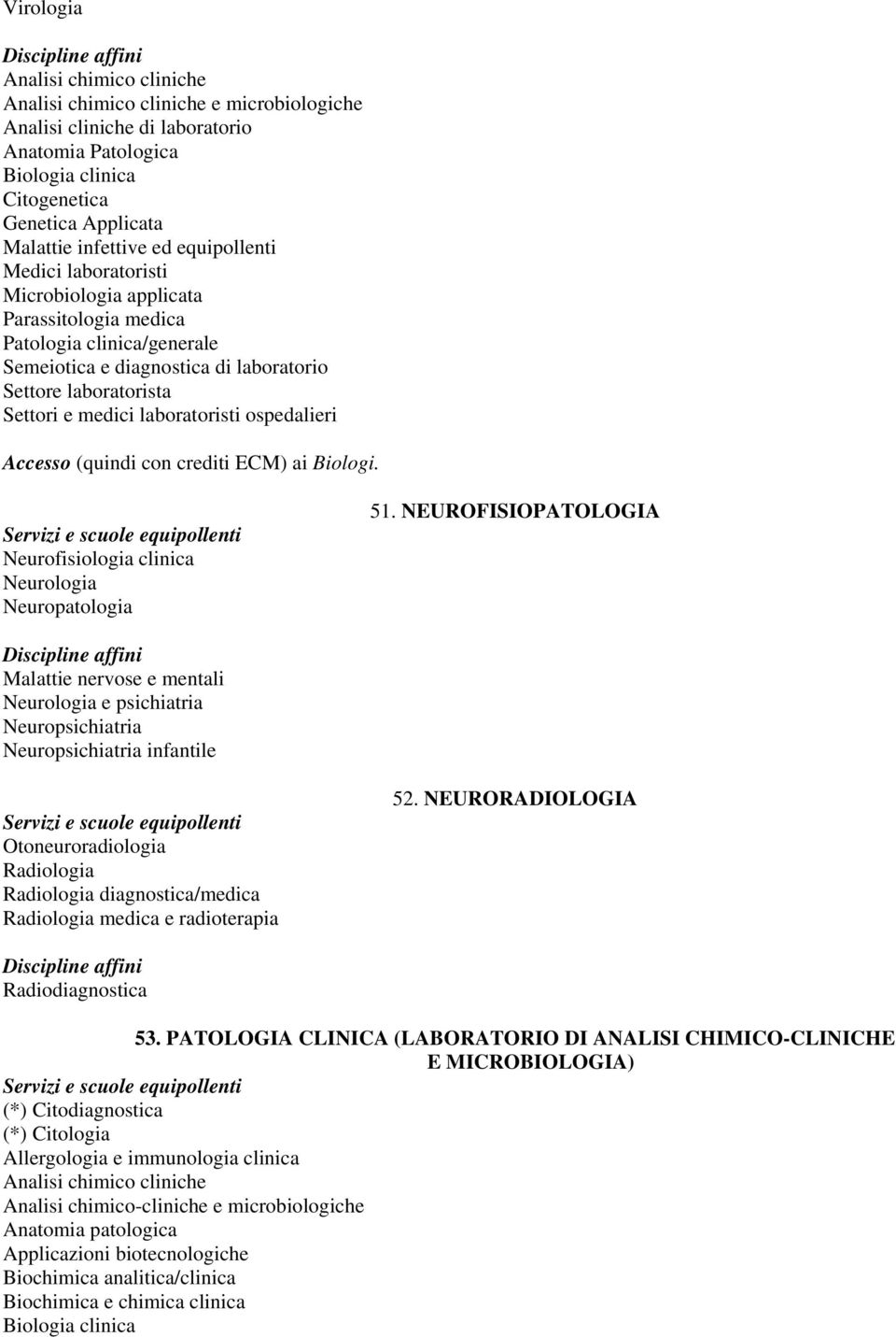 laboratoristi ospedalieri Accesso (quindi con crediti ECM) ai Biologi. Neurofisiologia clinica Neurologia Neuropatologia 51.