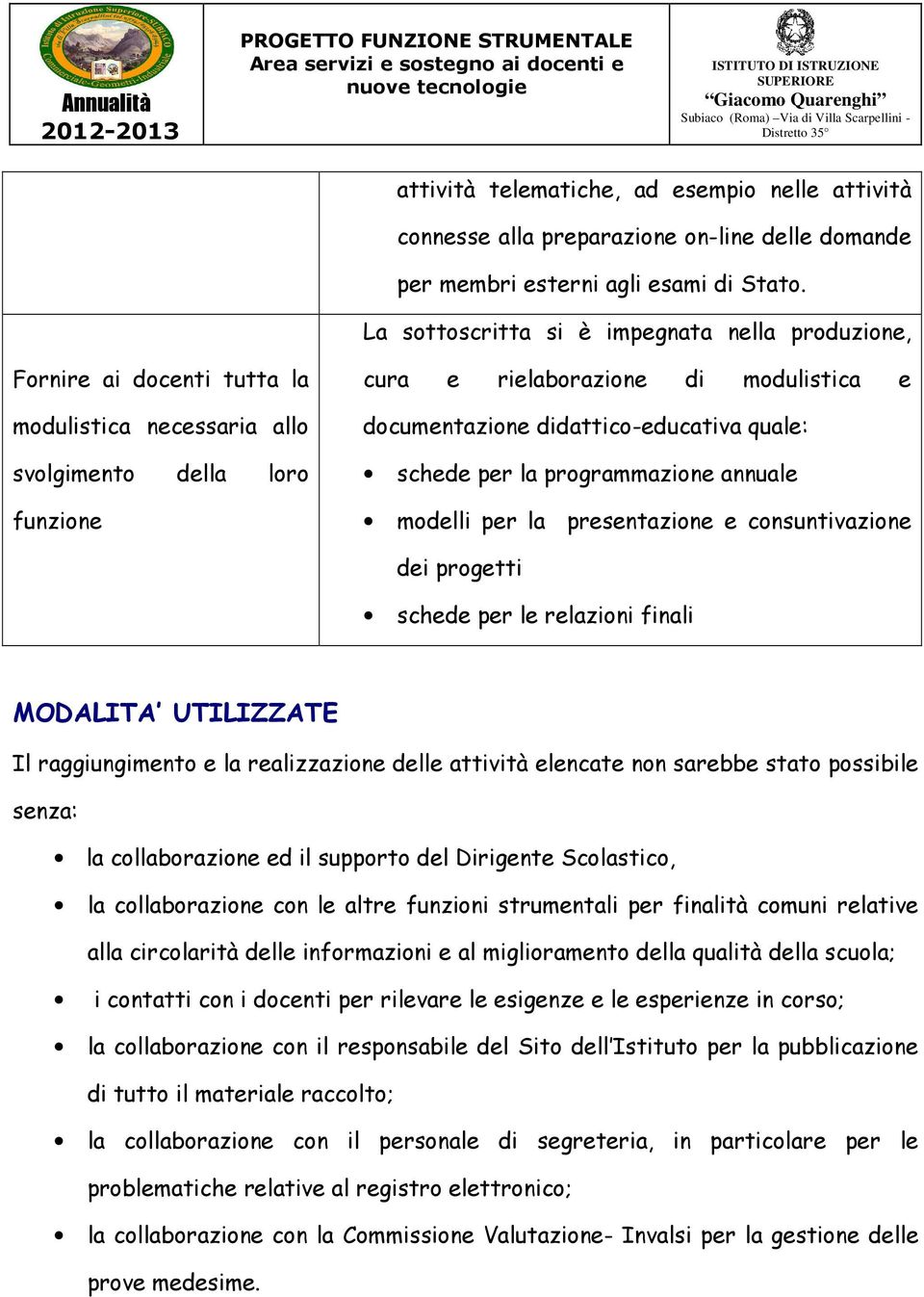 didattico-educativa quale: schede per la programmazione annuale modelli per la presentazione e consuntivazione dei progetti schede per le relazioni finali MODALITA UTILIZZATE Il raggiungimento e la