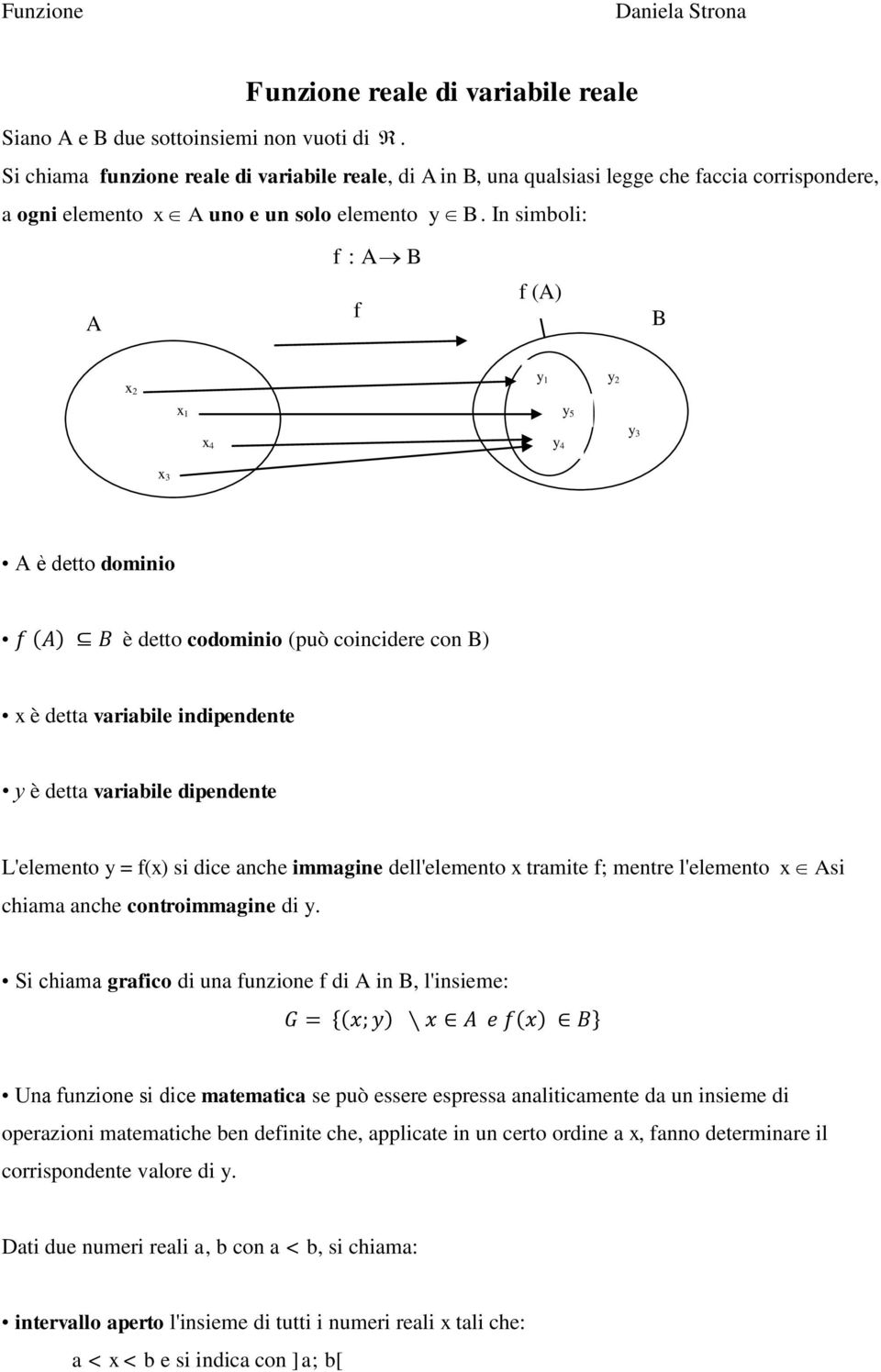 In simboli: f : A B f (A) f B x 2 y 1 y 2 x 1 y 5 x 4 y 4 y 3 x 3 A è detto dominio è detto codominio (può coincidere con B) x è detta variabile indipendente y è detta variabile dipendente L'elemento