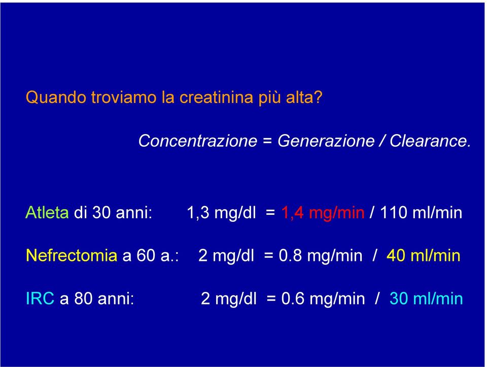 Atleta di 30 anni: 1,3 mg/dl = 1,4 mg/min / 110 ml/min