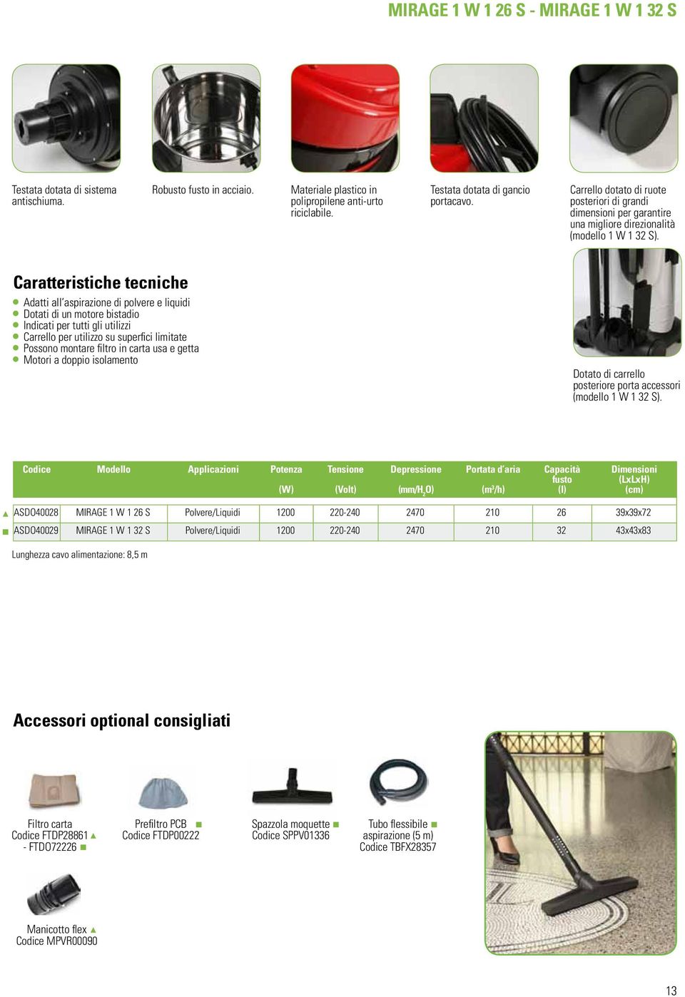 Caratteristiche tecniche Adatti all aspirazione di polvere e liquidi Dotati di un motore bistadio Indicati per tutti gli utilizzi Carrello per utilizzo su superfici limitate Possono montare filtro in
