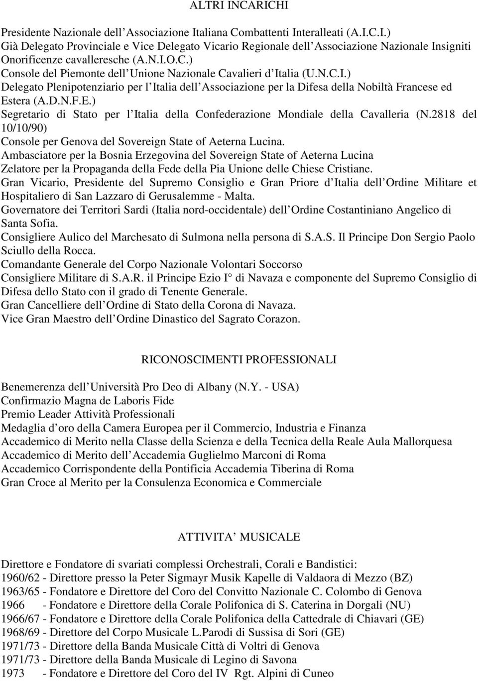 tera (A.D.N.F.E.) Segretario di Stato per l Italia della Confederazione Mondiale della Cavalleria (N.2818 del 10/10/90) Console per Genova del Sovereign State of Aeterna Lucina.