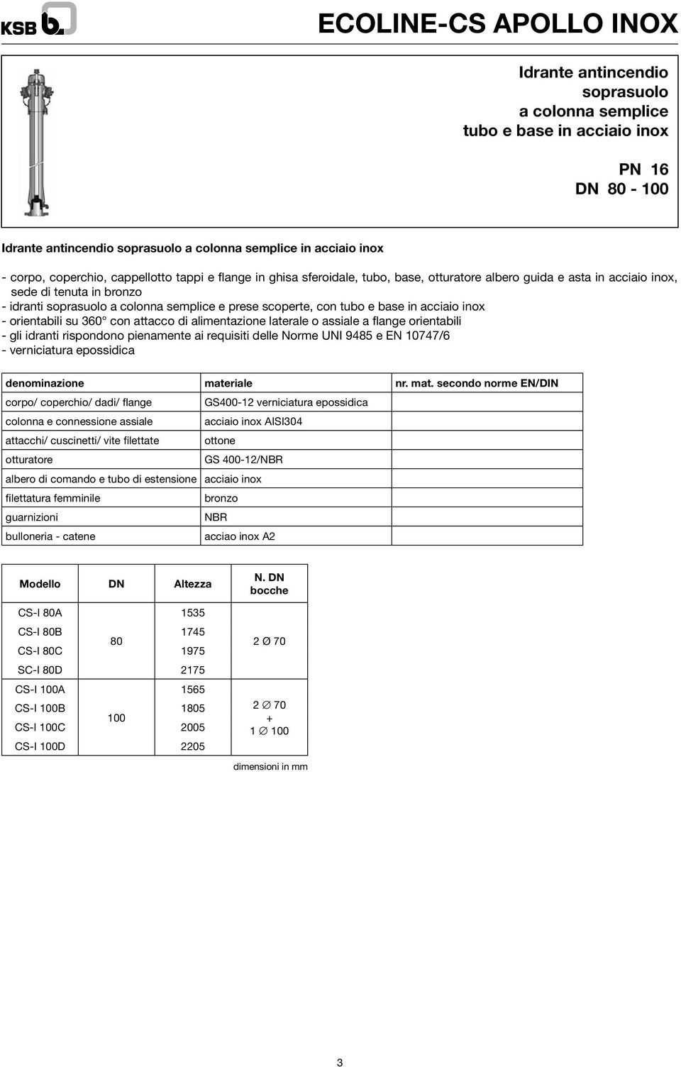 con attacco di alimentazione laterale o assiale a flange orientabili - gli idranti rispondono pienamente ai requisiti delle Norme UNI 9485 e EN 10747/6 denominazione mate