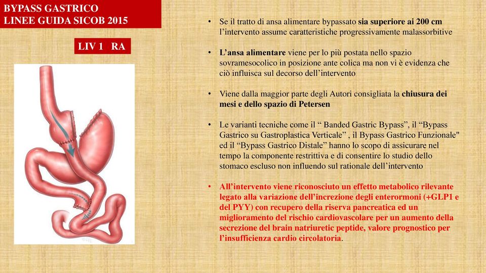 chiusura dei mesi e dello spazio di Petersen Le varianti tecniche come il Banded Gastric Bypass, il Bypass Gastrico su Gastroplastica Verticale, il Bypass Gastrico Funzionale" ed il Bypass Gastrico