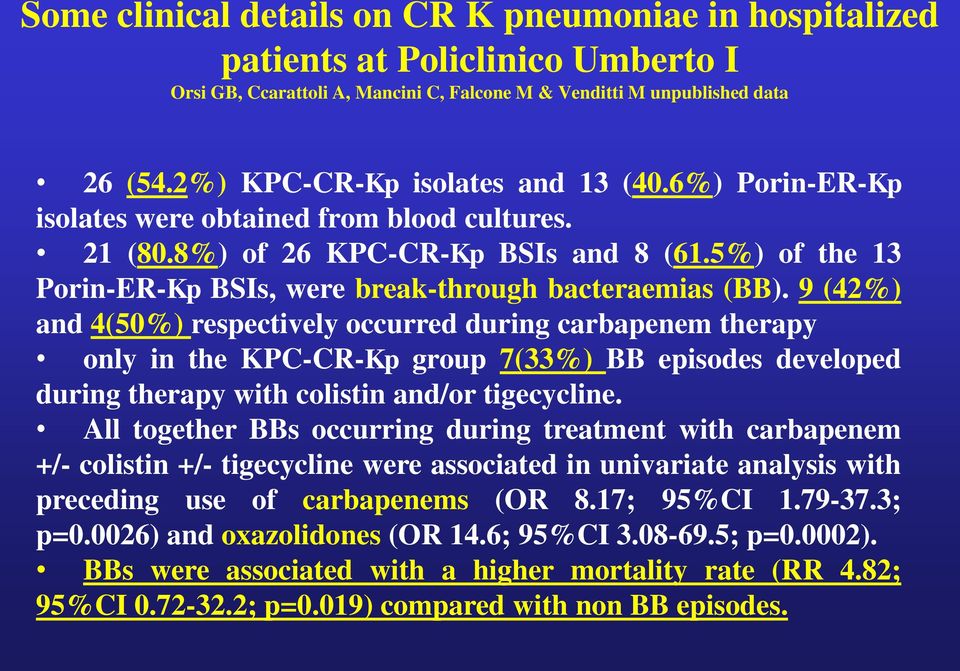 5%) of the 13 Porin-ER-Kp BSIs, were break-through bacteraemias (BB).