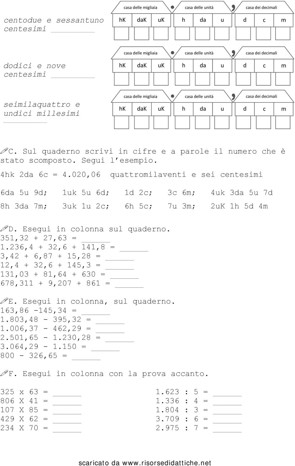 236,4 + 32,6 + 141,8 = 3,42 + 6,87 + 15,28 = 12,4 + 32,6 + 145,3 = 131,03 + 81,64 + 630 = 678,311 + 9,207 + 861 = E. Esegi in colonna, sl qaerno. 163,86-145,34 = 1.803,48-395,32 = 1.