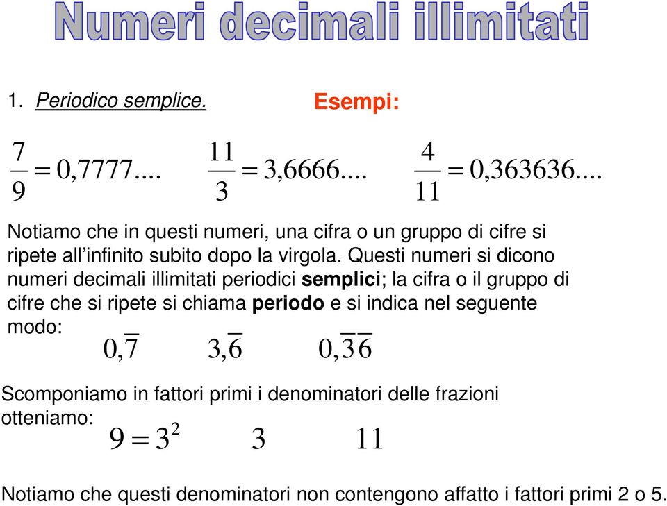 Questi numeri si dicono numeri decimali illimitati periodici semplici; la cifra o il gruppo di cifre che si ripete si chiama