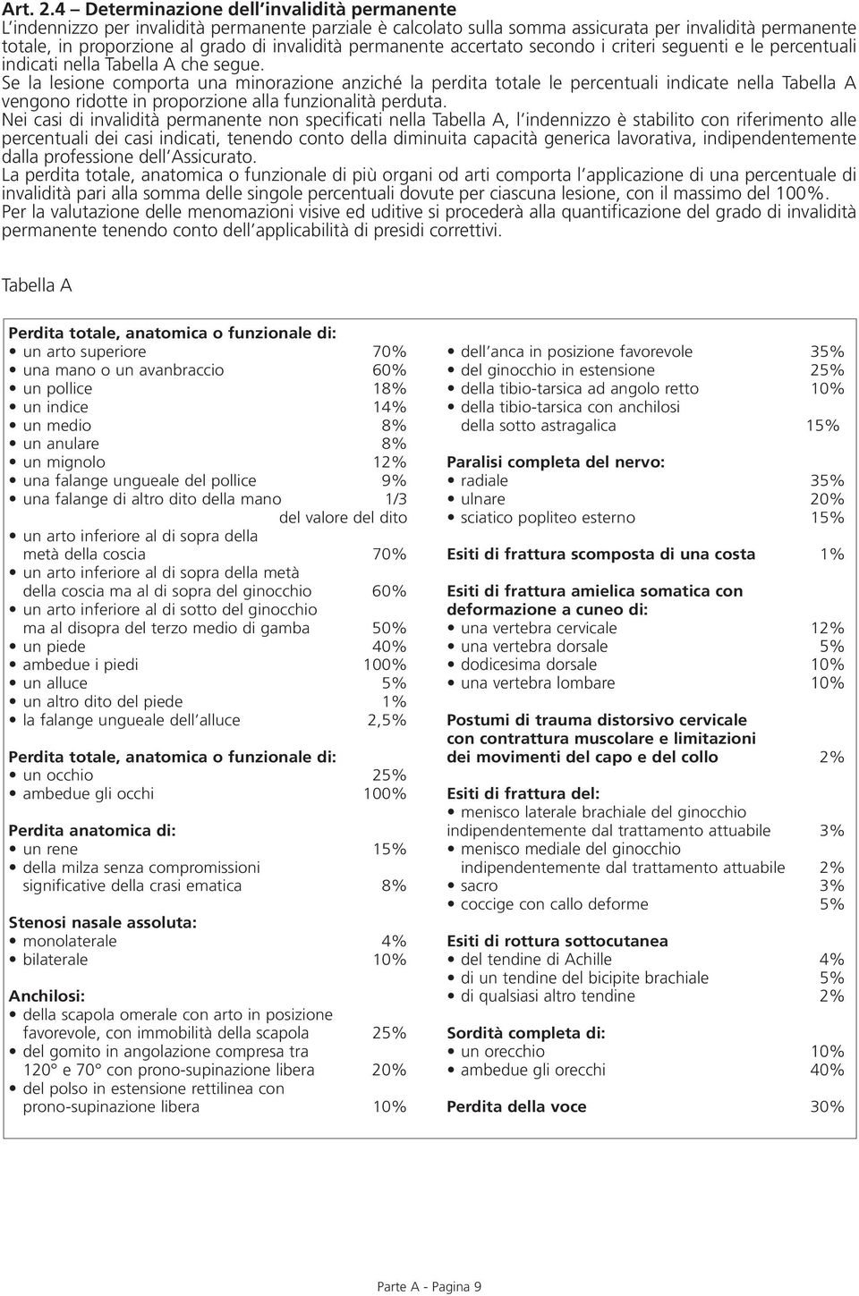 permanente accertato secondo i criteri seguenti e le percentuali indicati nella Tabella A che segue.