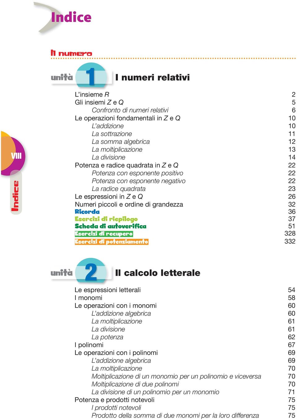 grandezza Ricorda Esercizi di riepilogo Scheda di autoverifica Esercizi di recupero Esercizi di potenziamento unità Il calcolo letterale Le espressioni letterali I monomi Le operazioni con i monomi 0