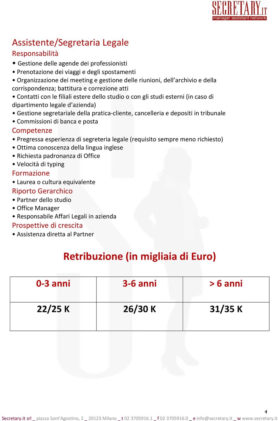 pratica-cliente, cancelleria e depositi in tribunale Commissioni di banca e posta Pregressa esperienza di segreteria legale (requisito sempre meno richiesto) Ottima conoscenza della lingua