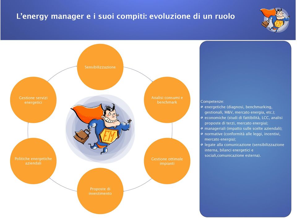 ); economiche (studi di fattibilità, LCC, analisi proposte di terzi, mercato energia); manageriali (impatto sulle scelte aziendali); normative