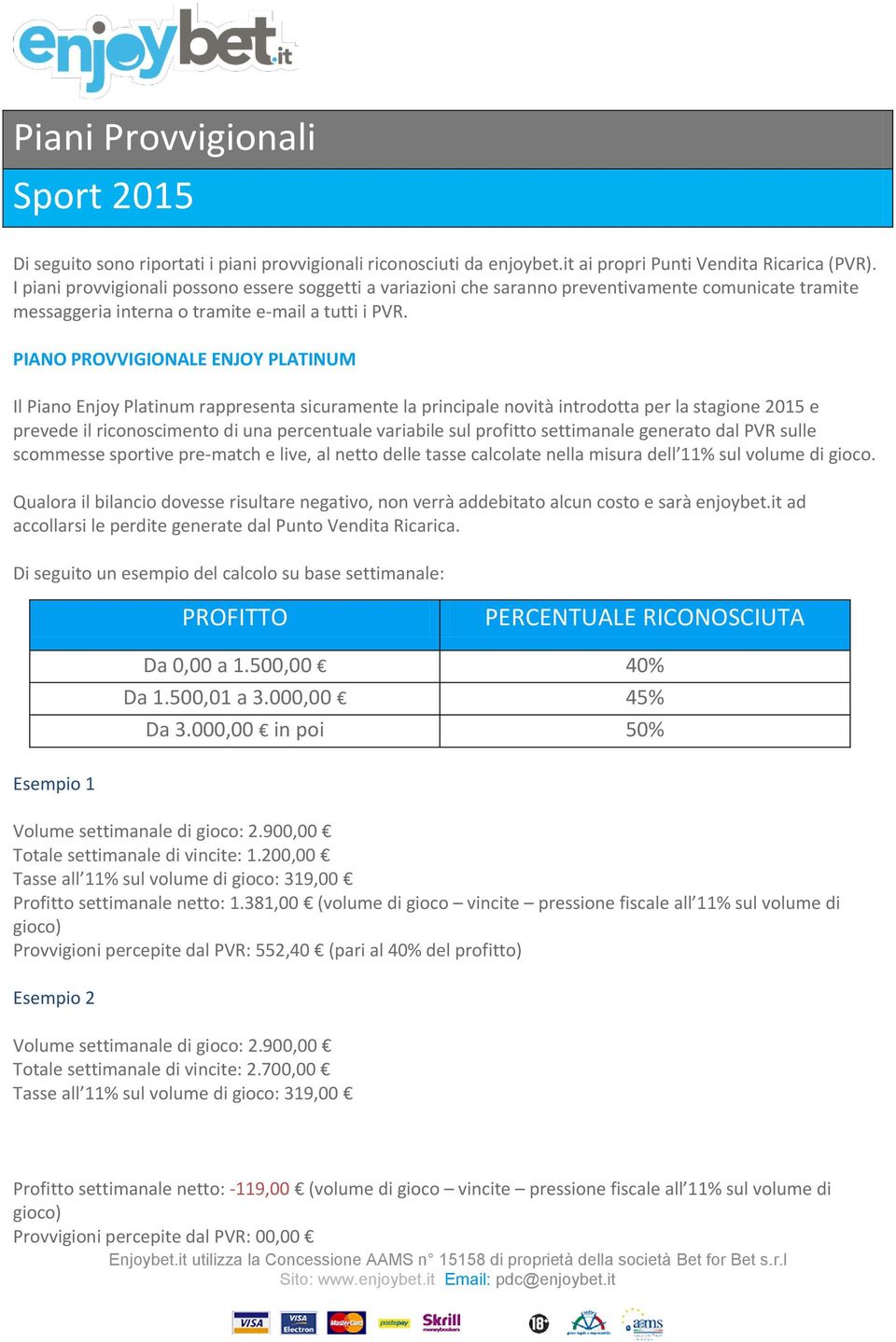 PIANO PROVVIGIONALE ENJOY PLATINUM Il Piano Enjoy Platinum rappresenta sicuramente la principale novità introdotta per la stagione 2015 e prevede il riconoscimento di una percentuale variabile sul