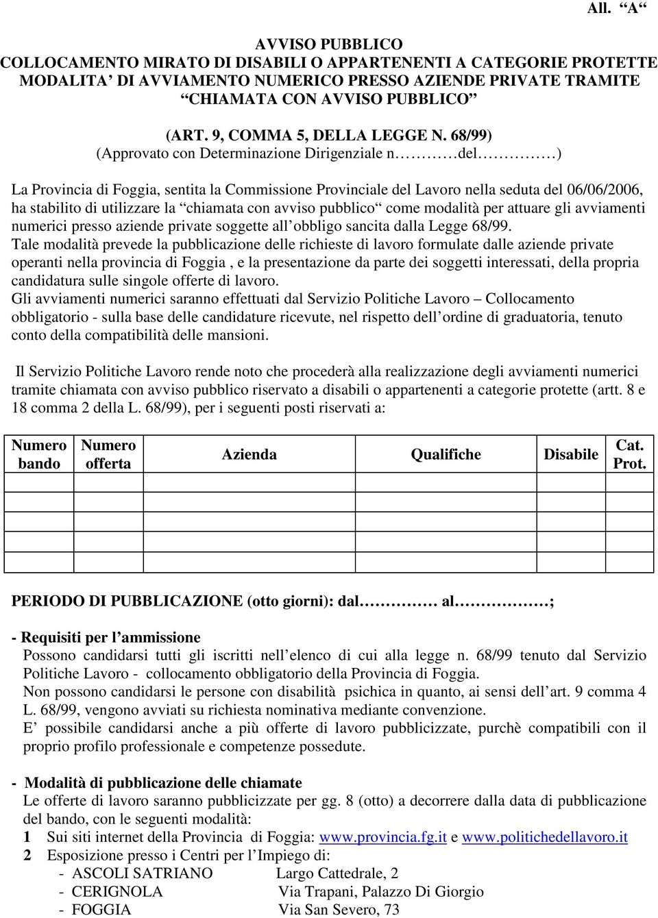 68/99) (Approvato con Determinazione Dirigenziale n del ) La Provincia di Foggia, sentita la Commissione Provinciale del Lavoro nella seduta del 06/06/2006, ha stabilito di utilizzare la chiamata con