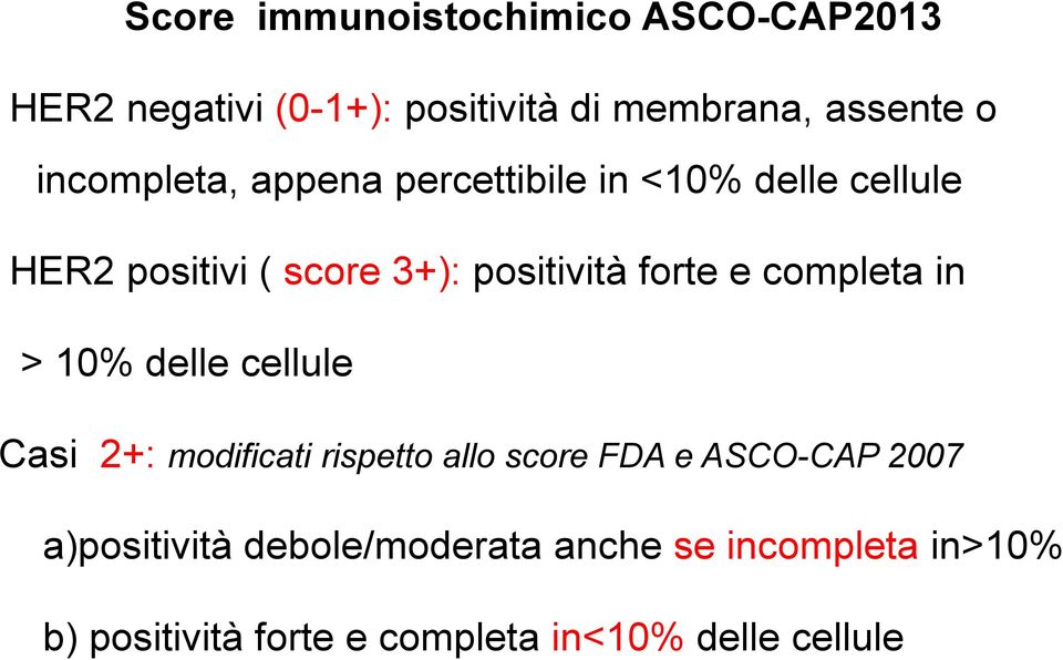 e completa in > 10% delle cellule Casi 2+: modificati rispetto allo score FDA e ASCO-CAP 2007
