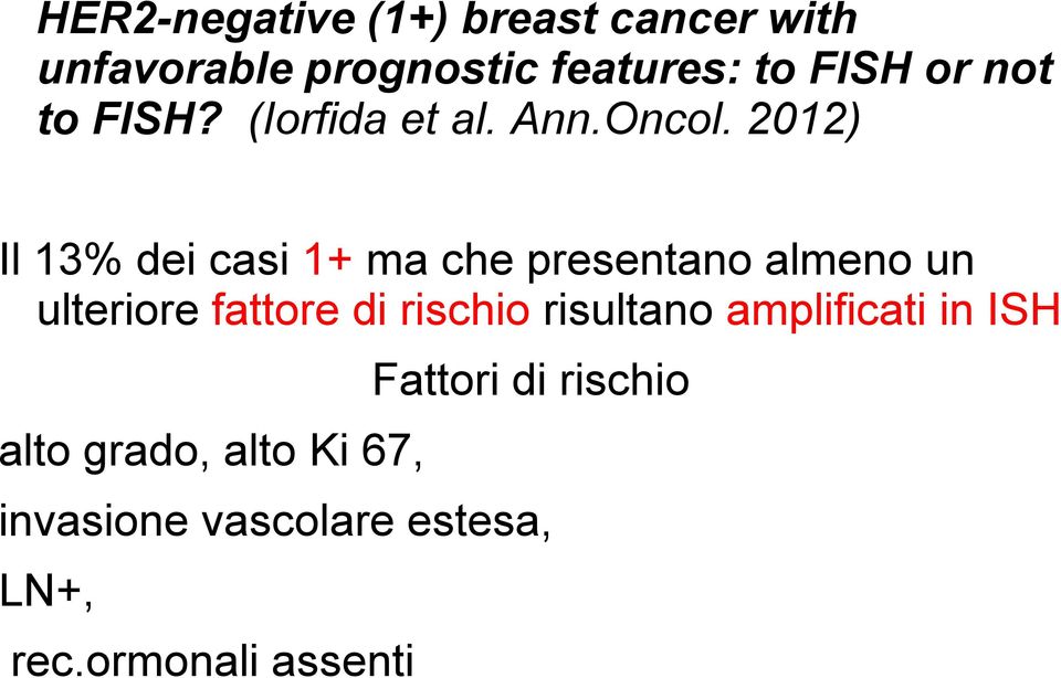 2012) Il 13% dei casi 1+ ma che presentano almeno un ulteriore fattore di rischio