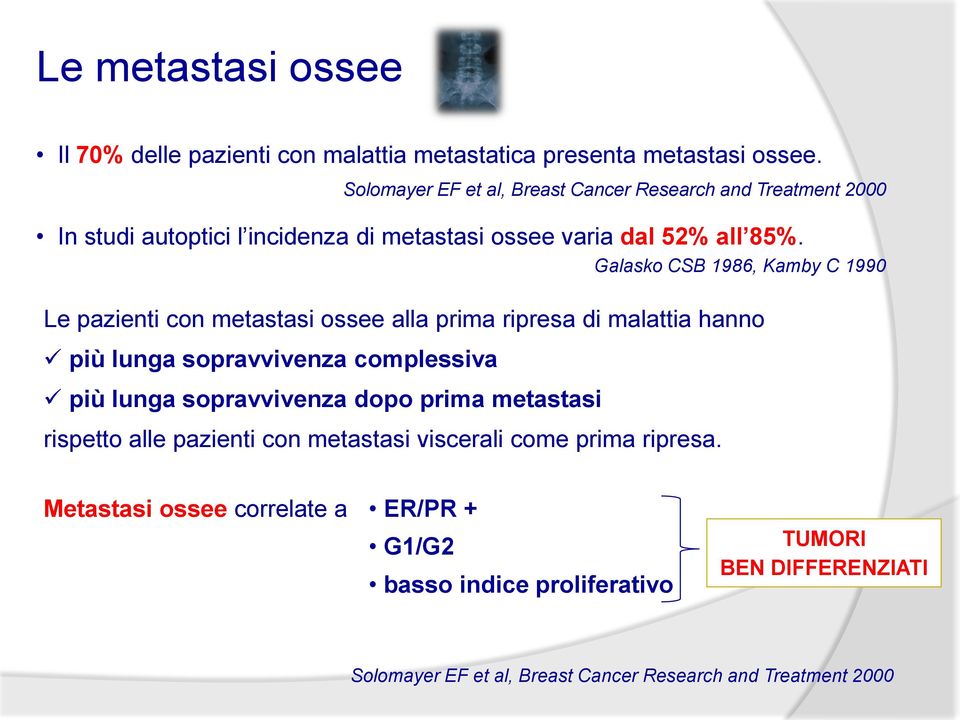 Solomayer EF et al, Breast Cancer Research and Treatment 2000 In studi autoptici l incidenza di metastasi ossee varia dal 52% all 85%.