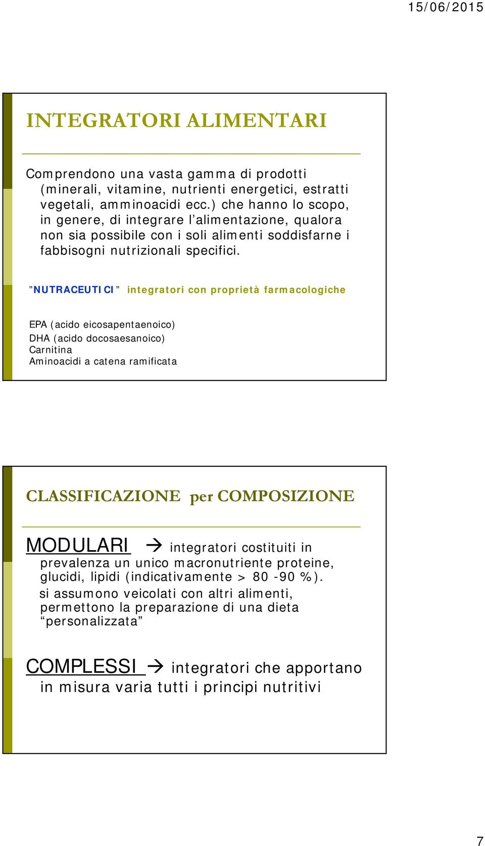 NUTRACEUTICI integratori con proprietà farmacologiche EPA (acido eicosapentaenoico) DHA (acido docosaesanoico) Carnitina Aminoacidi a catena ramificata CLASSIFICAZIONE per COMPOSIZIONE MODULARI