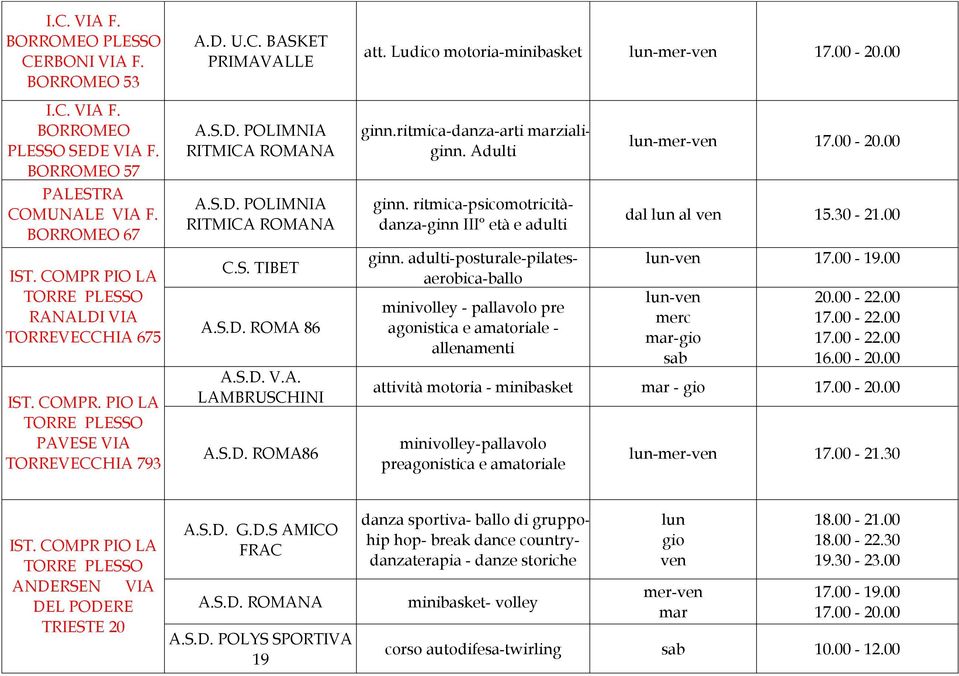 A. LAMBRUSCHINI ROMA86 att. Ludico motoria-minibasket lun-mer-ven 17.00-20.00 ginn.ritmica-danza-arti marzialiginn. Adulti ginn. ritmica-psicomotricitàdanza-ginn III età e adulti ginn.
