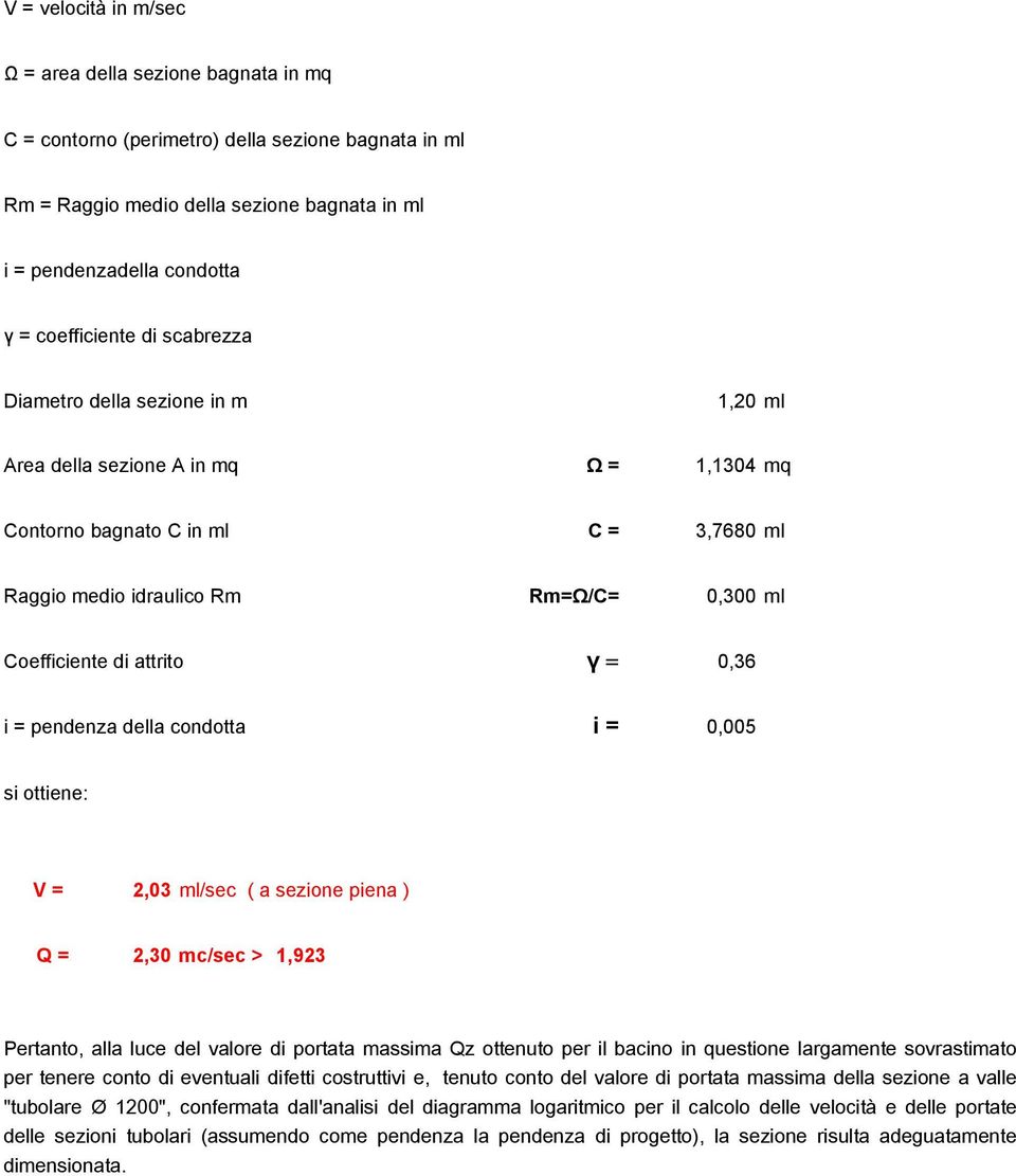 di attrito γ 0,36 i = pendenza della condotta i = 0,005 si ottiene: V = 2,03 ml/sec ( a sezione piena ) Q = 2,30 mc/sec > 1,923 Pertanto, alla luce del valore di portata massima Qz ottenuto per il