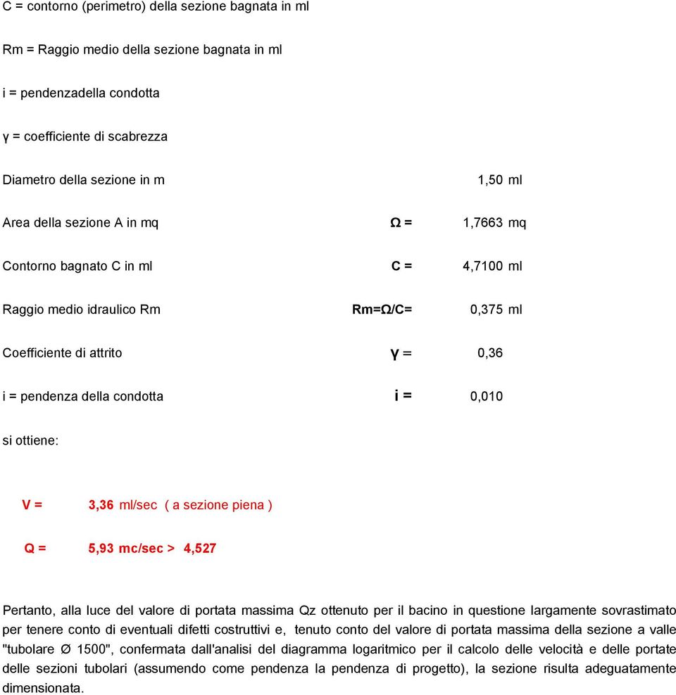 V = 3,36 ml/sec ( a sezione piena ) Q = 5,93 mc/sec > 4,527 Pertanto, alla luce del valore di portata massima Qz ottenuto per il bacino in questione largamente sovrastimato per tenere conto di