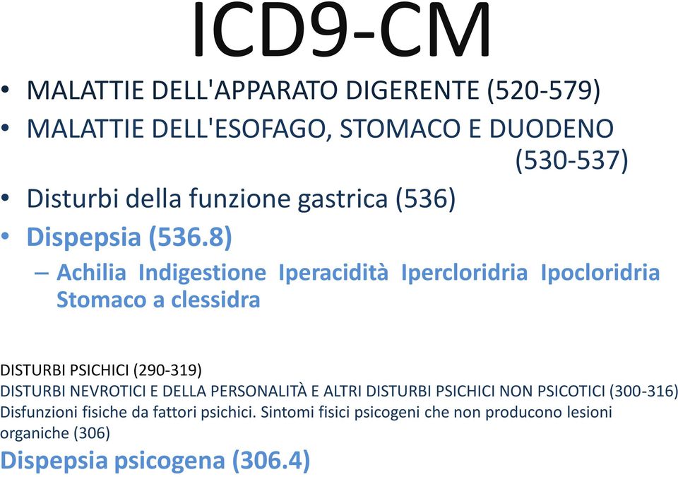 8) Achilia Indigestione Iperacidità Ipercloridria Ipocloridria Stomaco a clessidra DISTURBI PSICHICI (290-319) DISTURBI
