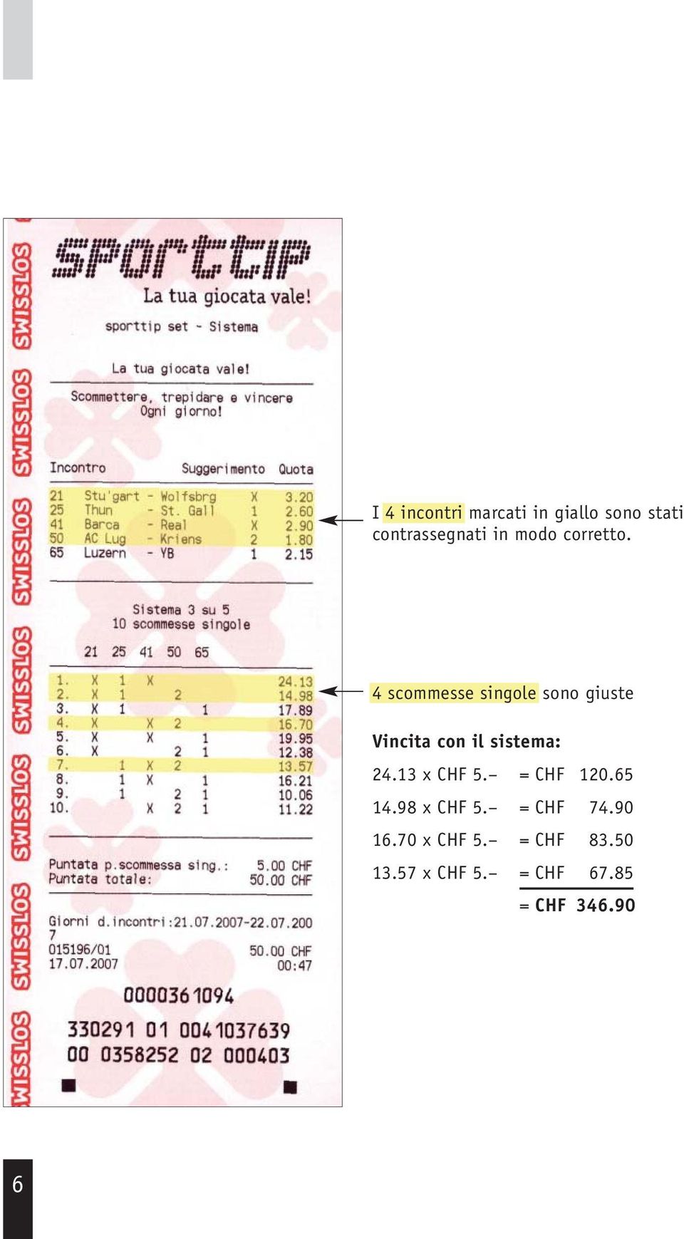 4 scommesse singole sono giuste Vincita con il sistema: 24.