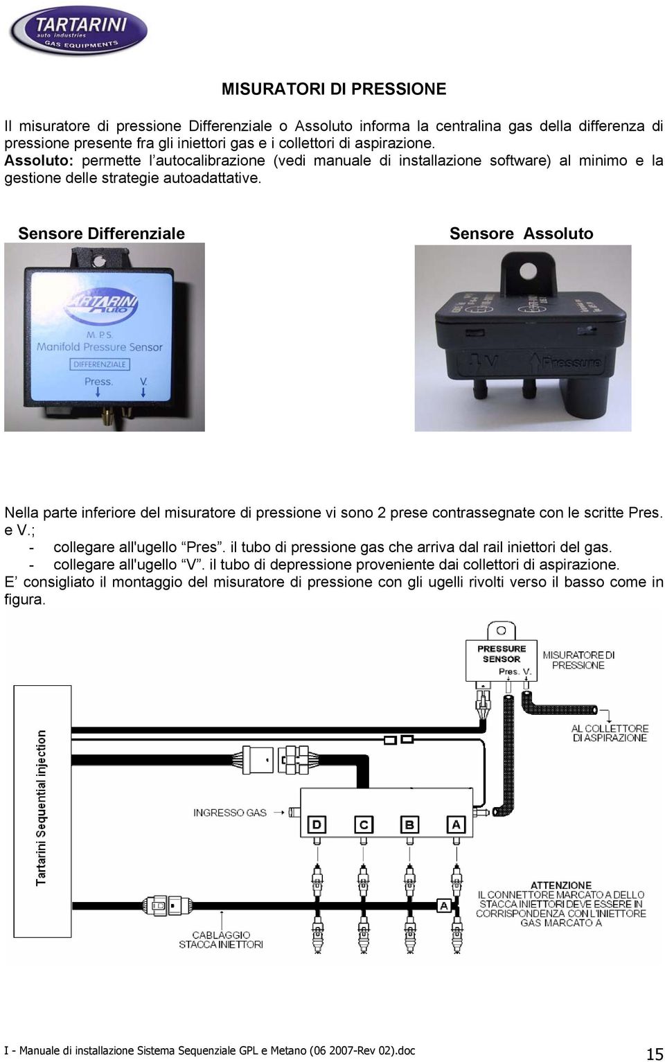 Sensore Differenziale Sensore Assoluto Nella parte inferiore del misuratore di pressione vi sono 2 prese contrassegnate con le scritte Pres. e V.; - collegare all'ugello Pres.