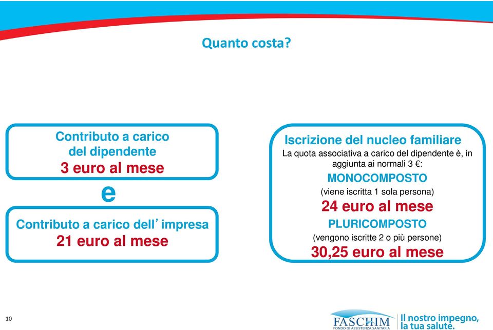 euro al mese Iscrizione del nucleo familiare La quota associativa a carico del