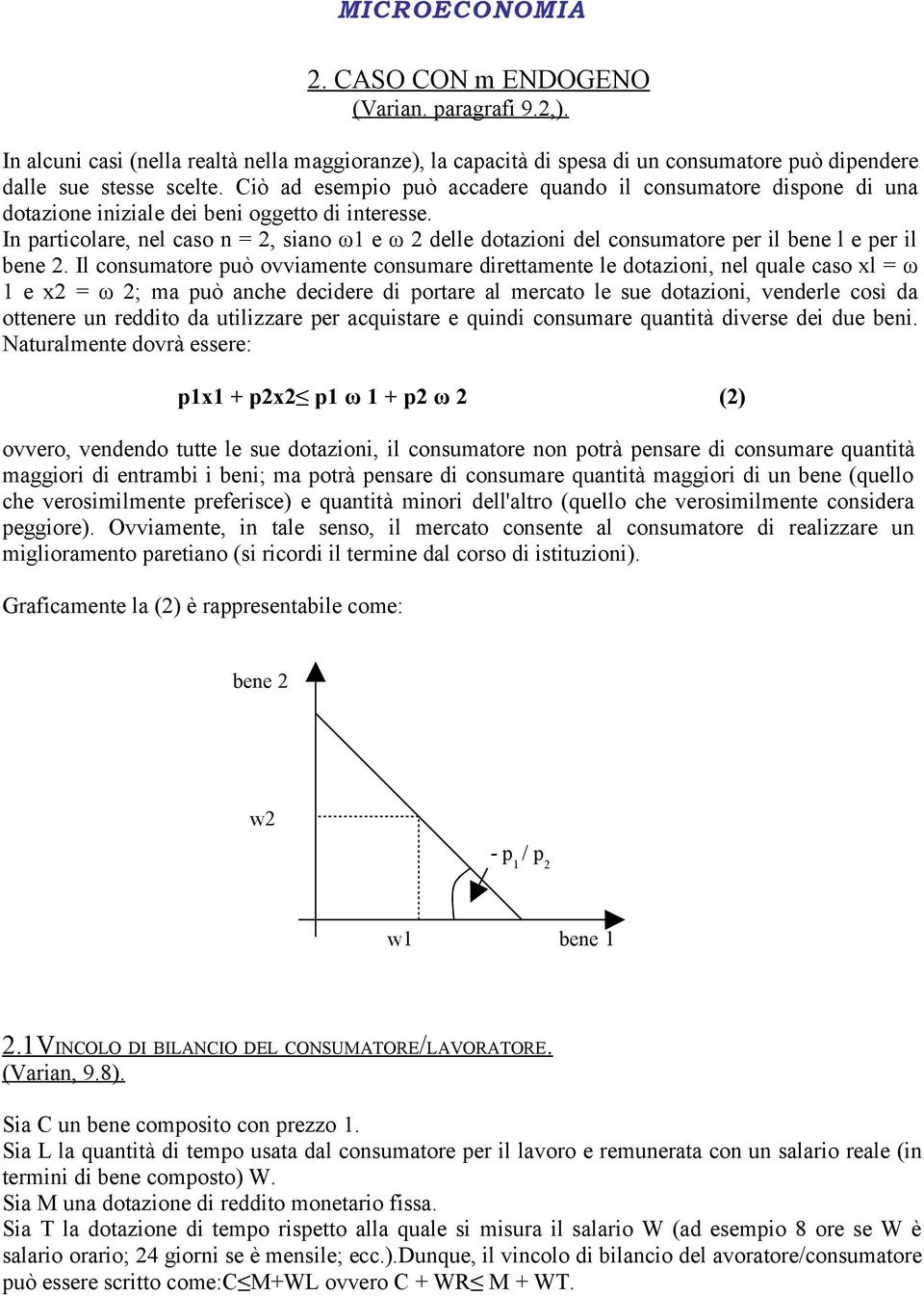 In particolare, nel caso n = 2, siano ω1 e ω 2 delle dotazioni del consumatore per il bene l e per il bene 2.