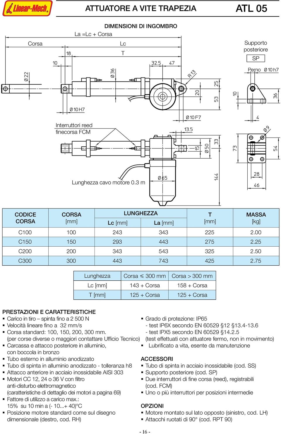 25 C200 200 343 543 325 2.50 C300 300 443 743 425 2.75 AZIONI E CARAERISICHE Carico in tiro spinta fino a 2 500 N Velocità lineare fino a 32 mm/s standard: 100, 150, 200, 300 mm.