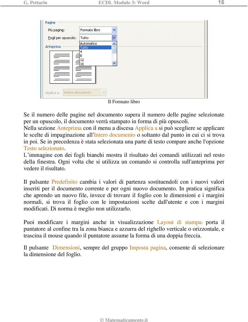 Se in precedenza è stata selezionata una parte di testo compare anche l'opzione Testo selezionato. L immagine con dei fogli bianchi mostra il risultato dei comandi utilizzati nel resto della finestra.