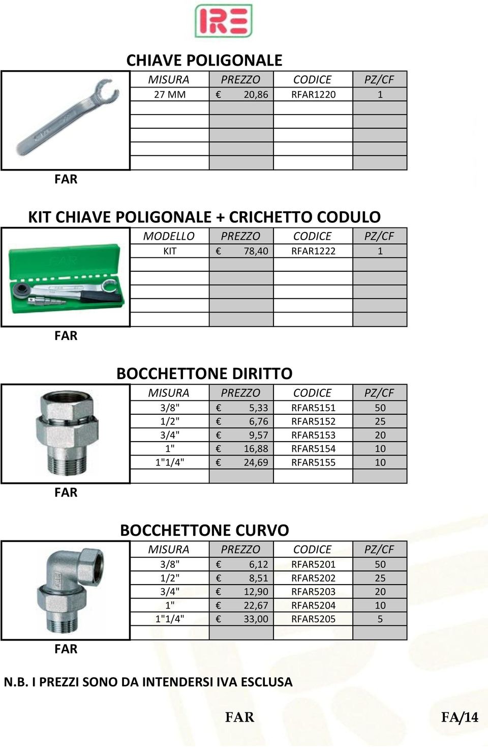 R5152 25 3/4" 9,57 R5153 20 1" 16,88 R5154 10 1"1/4" 24,69 R5155 10 BOCCHETTONE CURVO 3/8"