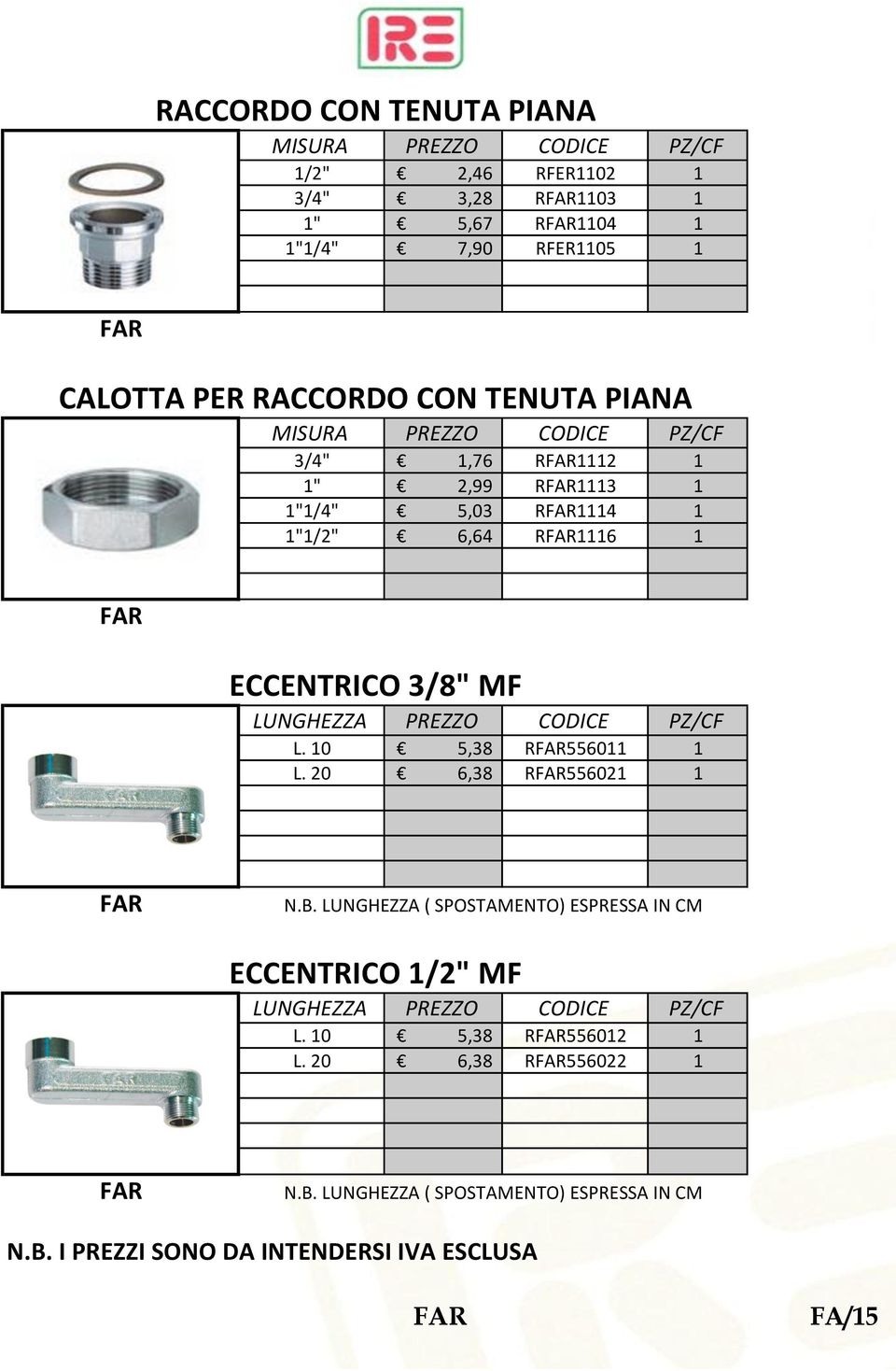 LUNGHEZZA PREZZO CODICE PZ/CF L. 10 5,38 R556011 1 L. 20 6,38 R556021 1 N.B.