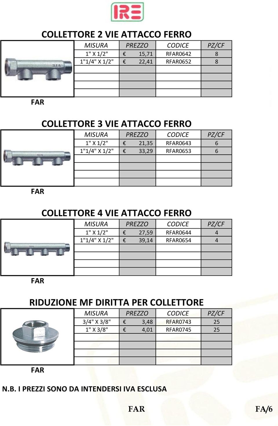 COLLETTORE 4 VIE ATTACCO FERRO 1" X 1/2" 27,59 R0644 4 1"1/4" X 1/2" 39,14 R0654 4