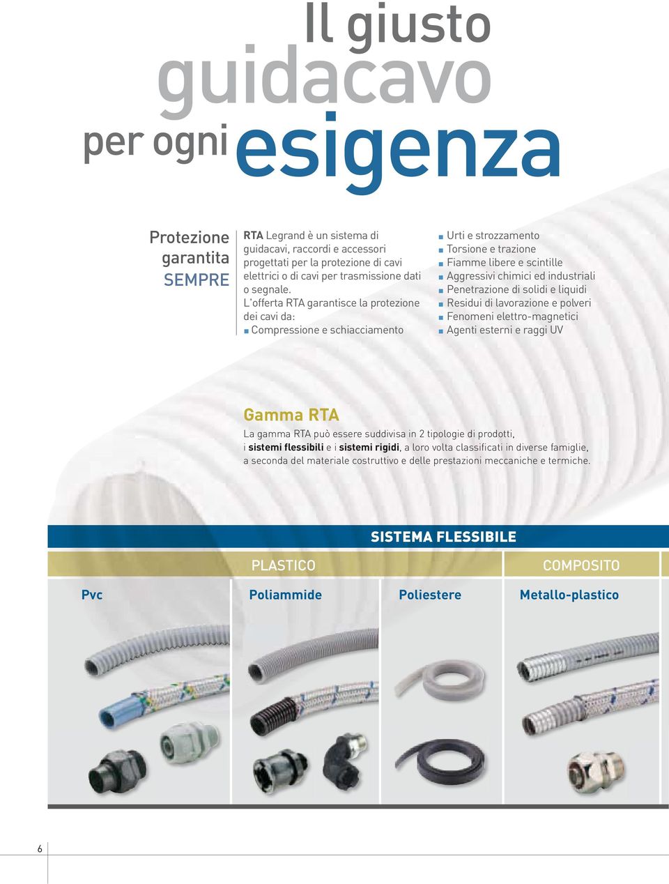 L'offerta RTA garantisce la protezione dei cavi da: Compressione e schiacciamento Urti e strozzamento Torsione e trazione Fiamme libere e scintille Aggressivi chimici ed industriali Penetrazione di