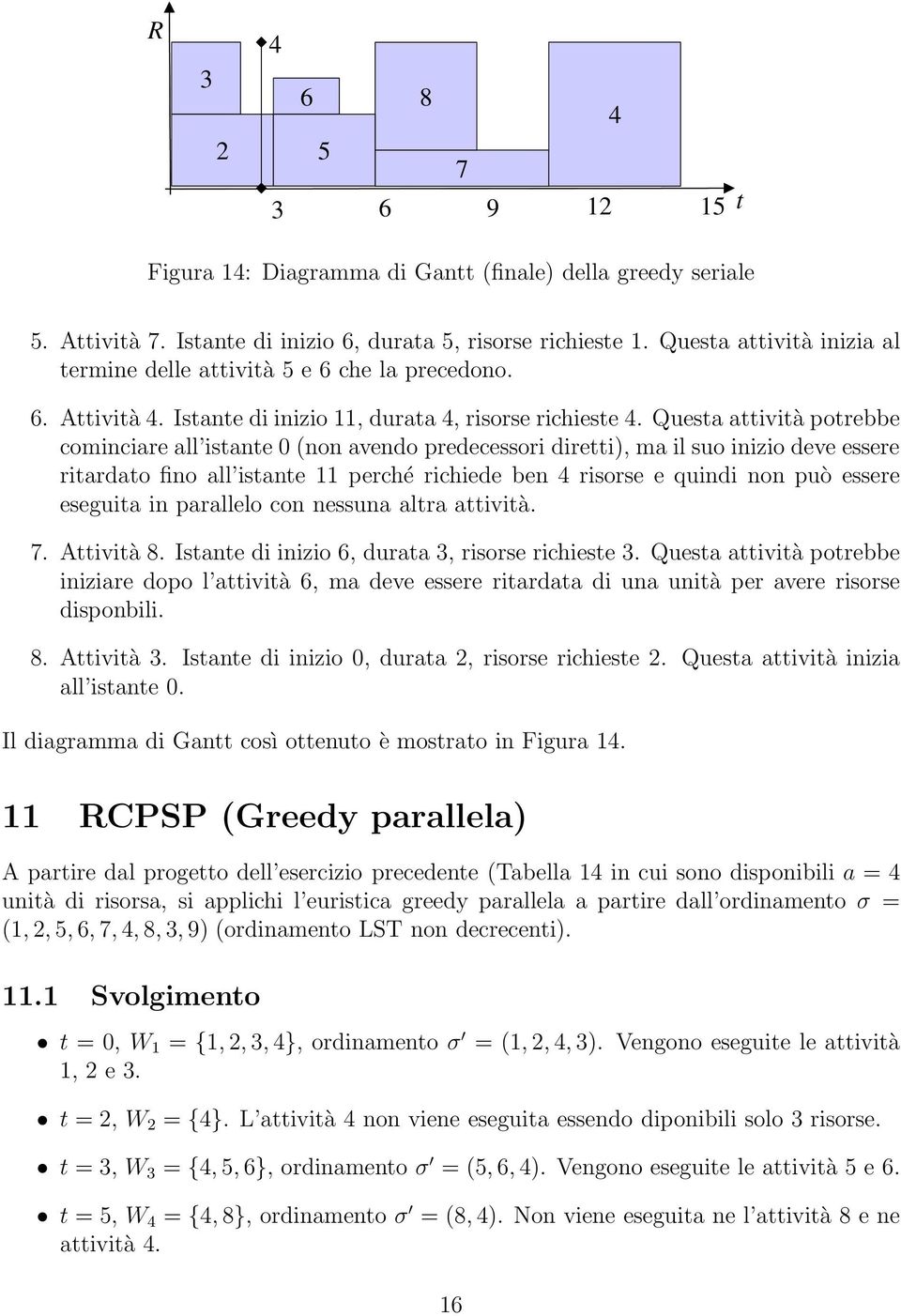 Questa attività potrebbe cominciare all istante 0 (non avendo predecessori diretti), ma il suo inizio deve essere ritardato fino all istante 11 perché richiede ben 4 risorse e quindi non può essere