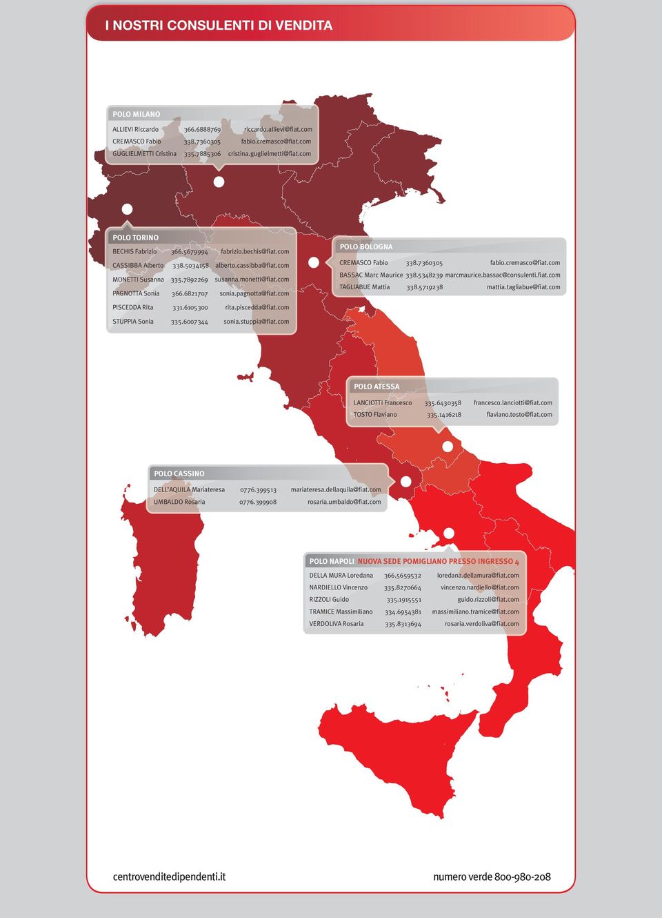 com PAGNOTTA Sonia 366.6821707 sonia.pagnotta@fiat.com POLO BOLOGNA CREMASCO Fabio 338.7360305 fabio.cremasco@fiat.com BASSAC Marc Maurice 338.5348239 marcmaurice.bassac@consulenti.fiat.com TAGLIABUE Mattia 338.