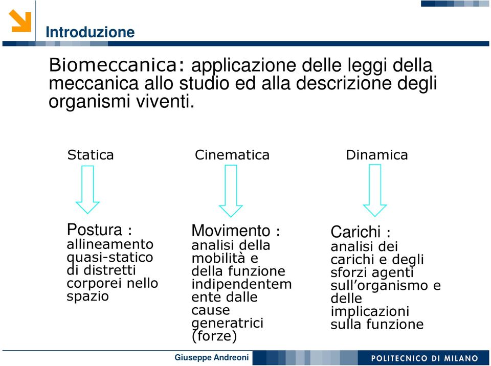 Statica Cinematica Dinamica Postura : allineamento quasi-statico di distretti corporei nello spazio Movimento :