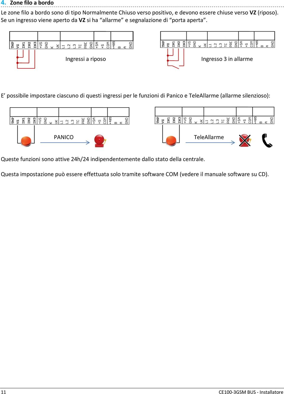 Ingressi a riposo Ingresso 3 in allarme E possibile impostare ciascuno di questi ingressi per le funzioni di Panico e TeleAllarme (allarme