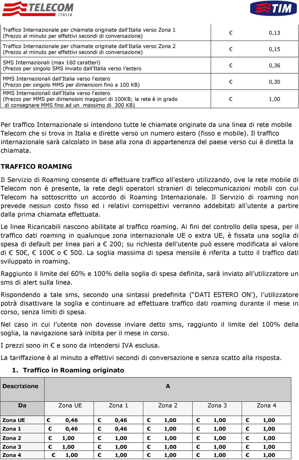 l'estero (Prezzo per singolo MMS per dimensioni fino a 100 KB) MMS Internazionali dall'italia verso l'estero (Prezzo per MMS per dimensioni maggiori di 100KB; la rete è in grado di consegnare MMS