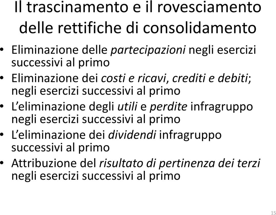 eliminazione Leliminazione degli utili e perdite infragruppo negli esercizi successivi al primo L eliminazione Leliminazione