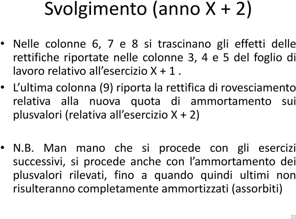 L ultimacolonna(9)riportalarettificadirovesciamento relativa alla nuova quota di ammortamento sui plusvalori (relativa all