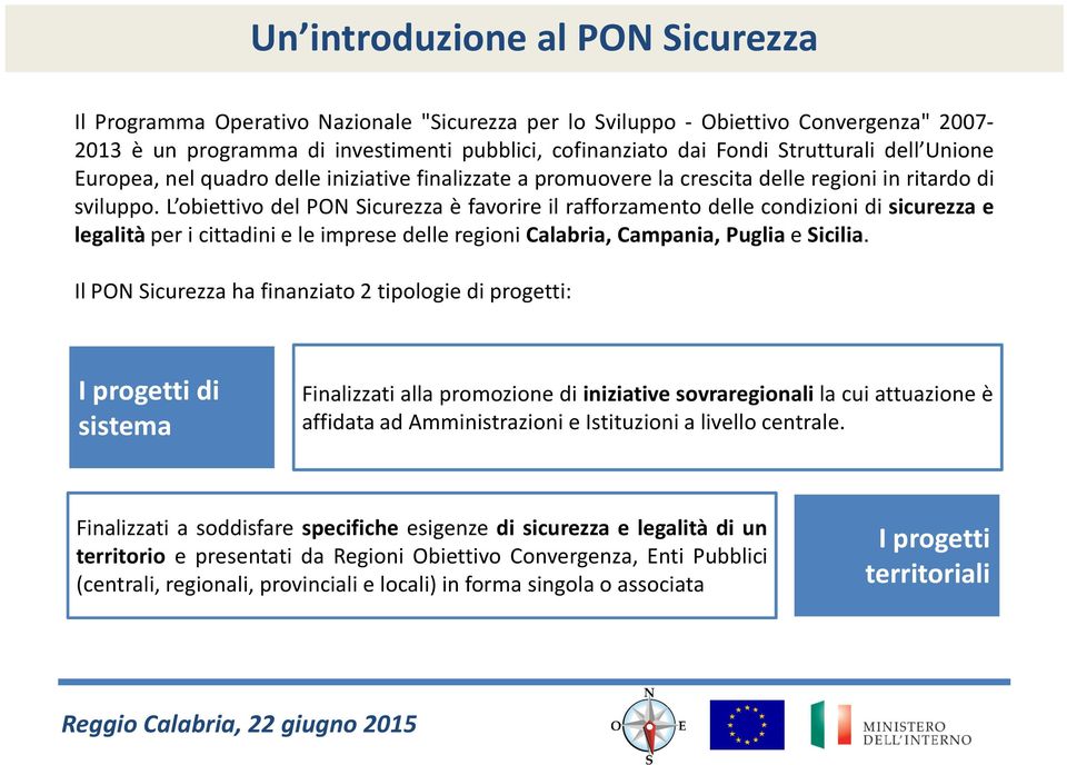 L obiettivo del PON Sicurezza è favorire il rafforzamento delle condizioni di sicurezza e legalità per i cittadini e le imprese delle regioni Calabria, Campania, Puglia e Sicilia.