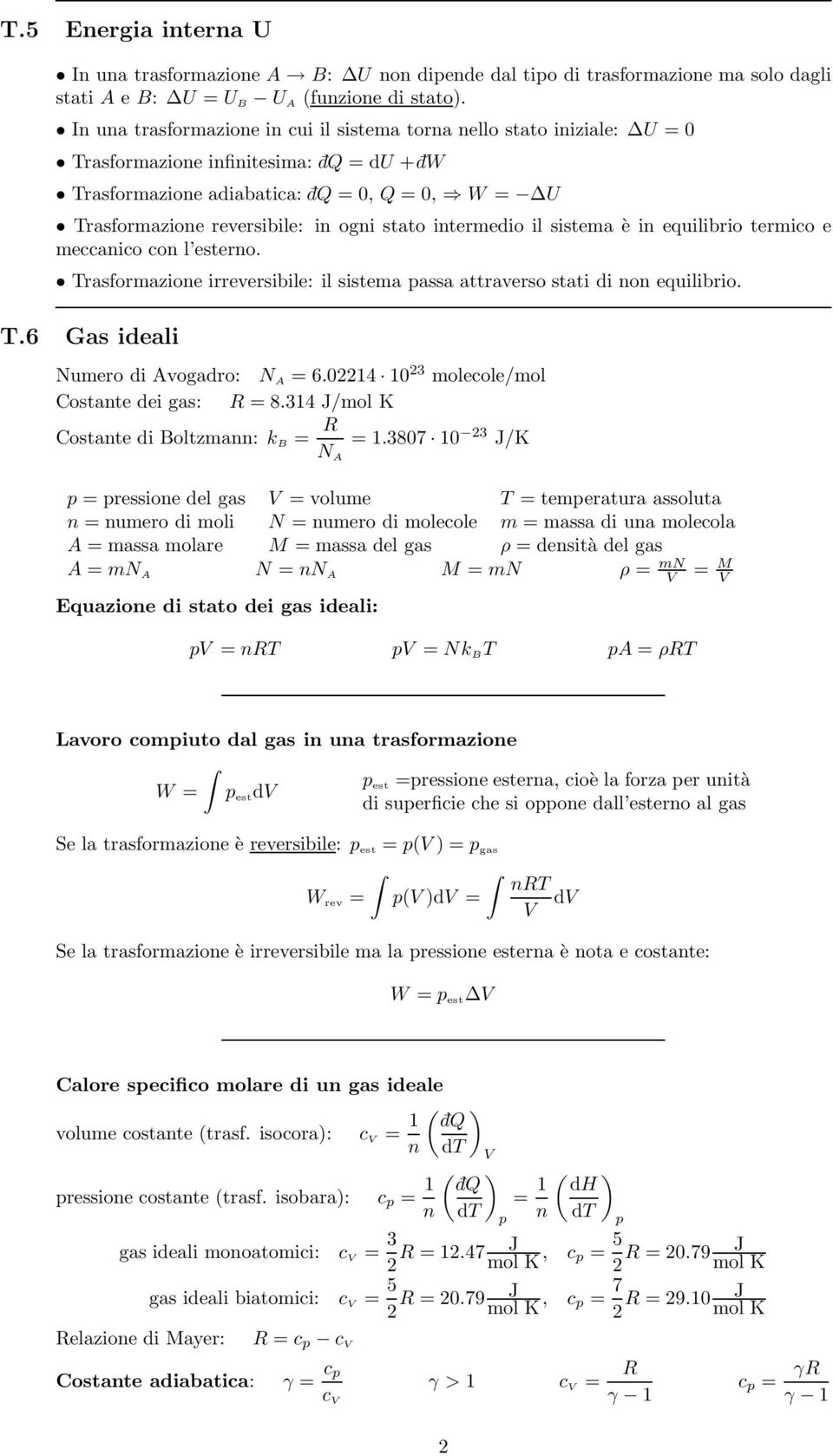 stato intermedio il sistema è in equilibrio termico e meccanico con l esterno. Trasformazione irreversibile: il sistema passa attraverso stati di non equilibrio. T.6 Gas ideali Numero di vogadro: N = 6.