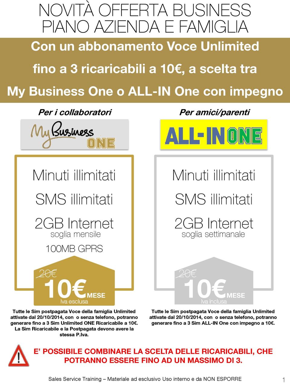 Voce della famiglia Unlimited attivate dal 20/10/2014, con o senza telefono, potranno generare fino a 3 Sim Unlimited ONE Ricaricabile a 10.