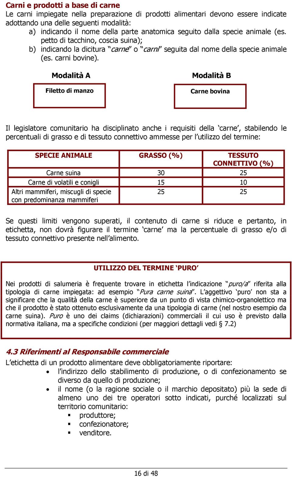 Modalità A Filetto di manzo Modalità B Carne bovina Il legislatore comunitario ha disciplinato anche i requisiti della carne, stabilendo le percentuali di grasso e di tessuto connettivo ammesse per l